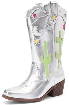 DREAM PAIRS Girls Cowboy Boots Square Toe Western Boots with Low Heel,Size 3 Big Kid,Silver,KKUMMB2501