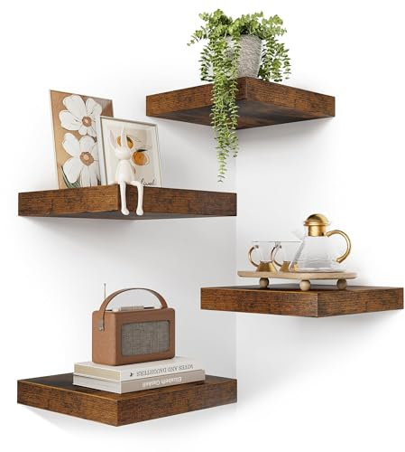 VINCOURNA Corner Floating Shelf Set of 4, Rustic Wood Wall Mounted Corner Shelf for Bathroom, Bedroom, Kitchen, Living Room, Farmhouse, Office-Heavy Duty Floating Shelves 25*25*3.8CM– Carbonized Black