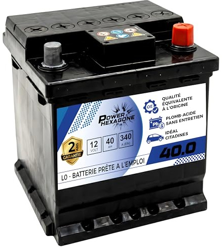 Batterie Voiture 12V 40Ah L0 - Puissance de Démarrage 340A - Batterie Auto Sans Entretien - Format L0 Compatible Véhicules Utilitaires et Chantier - Qualité Origine - Power Hexagone