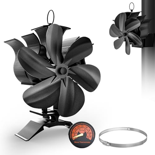 HECUSAM Kaminventilator, Leiser Kamin Ventilator Ofenventilator Ohne Strom, Stove Fan for Fireplace, mit 1pcs Ersatzteil Ring&Thermometer, Kaminlüfter für Holz/Brennholz/Feuerstelle/Ofenrohr