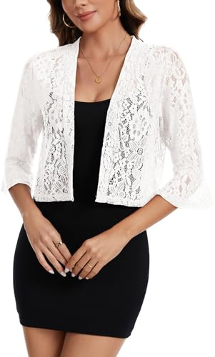 Women's Lace Bolero Shrug Open Front 3/4 Sleeve Cardigan Cover Up White M