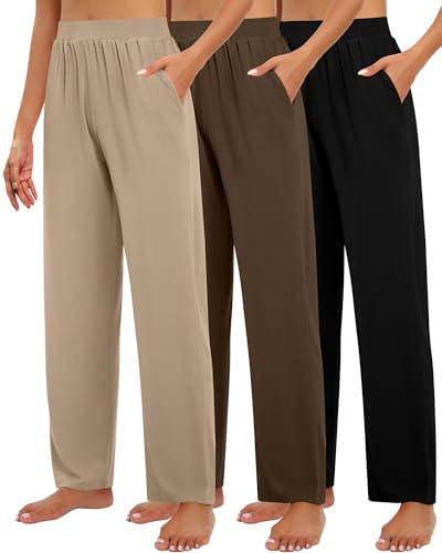 Geyoga Pack de 3 Pantalones de Descanso para Mujer con Bolsillos Pierna Ancha Cómodos Holgados Fluidos Ideales para Yoga