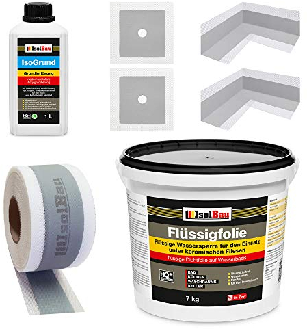 Isolbau Dicht-Set - Inkl. 1x Flüssigfolie (7 kg), 1x Grundierlösung (1 L), 1x Dichtband (5 m), 2x Innenecken & 2x Manschetten