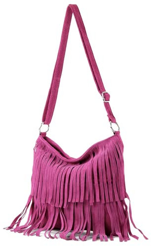 Modarno Borsa a tracolla con frange in camoscio - borsa tracolla donna in pelle scamosciata (Fucsia)