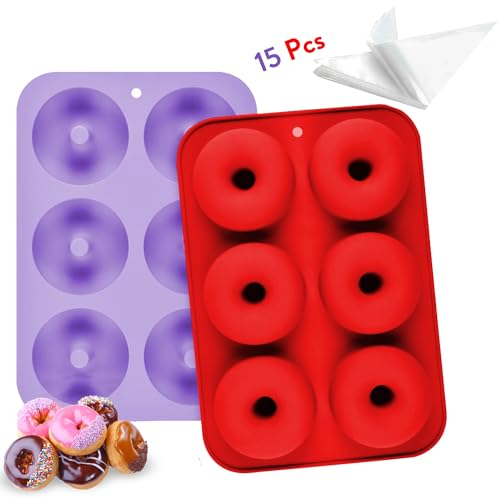 Donuts Backform 2Pcs | Silikon Donut Form + 15 Spritzbeutel | Ideal für Mini Donuts | Bagel Backform & Kinder | Perfekte Kuchenform Silikon für leckere Donuts und Gebäck | 12 Hohlräume Rot-Violett