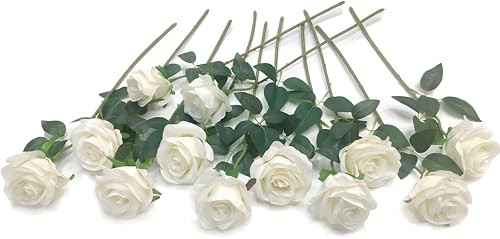 Laelfe 12 Piezas Rosas Artificiales Blanco, 53 cm Tallo Largo de Flores Artificiales Blancas para Boda, Ramo de Novia, Decoración de Hogar, Fiesta, Hotel, Aniversario