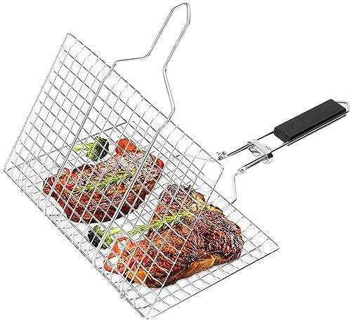 Cesta de barbacoa de acero inoxidable, parrilla plegable portátil con mango extraíble para asar al aire libre, pescado, verduras, caja