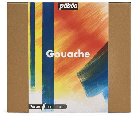 Pébéo - Studio XL Gouache - Set 24 Tuben 20 Ml in verschiedenen Farben + Zubehör - Gouache-Set für Künstler und Anfänger - Pinsel + Spachtel + Leinwandkarton - Leuchtende und lebendige Farben