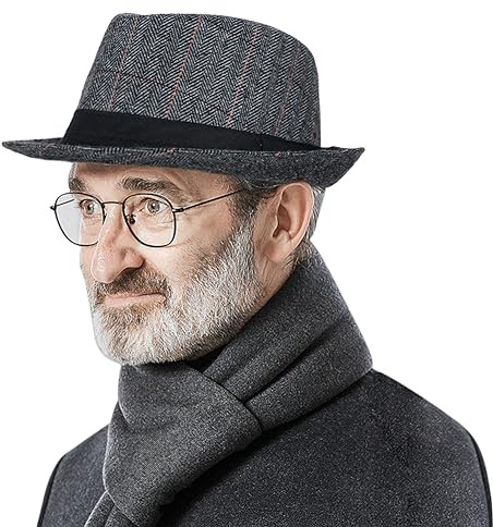 QCHOMEE Men Wool Fedora Trilby Hat Church Derby Cap Panama Hat Jazz Gentlemans Hat Classic Stripe Fedora Cap Black Grey for Men Women Wedding Party Talent Show (UK, Alpha, One Size, Grey)