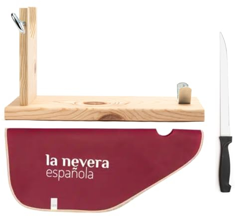 LA NEVERA ESPAÑOLA Pack JAMONERO - Incluye Jamonero de Madera - Cuchillo - Funda Cubre Jamón: Pack de Corte Ibérico Elegante - Fácil Montaje y Limpieza