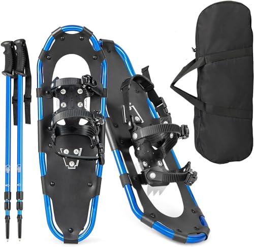 GYMAX Juego de Raquetas de Nieve 3en1, Bastones de Trekking, Bolsa de Transporte, 53/63/76 cm Raquetas de Nieve de Aluminio, Excursiones de Montaña y Trekking, para Adultos y Jóvenes (Azul, 63 cm)