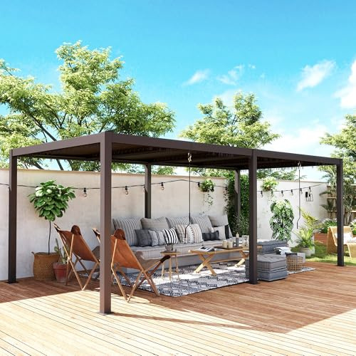 Outsunny Pergola bioclimatique 3 x 6 m, pergola Jardin extérieur avec persiennes manivelle Toit réglable en Aluminium et Crochets, tonnelle de Jardin, terrasse, Patio, Gris foncé
