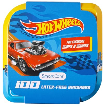 Smart Care Hot Wheels Bandage Kit, Bandaids for Kids, Ideal for Boys, Infants and Children, Latex-Free, 3 Assorted Sizes with Collectible Hot Wheels Tin Case, 100CT