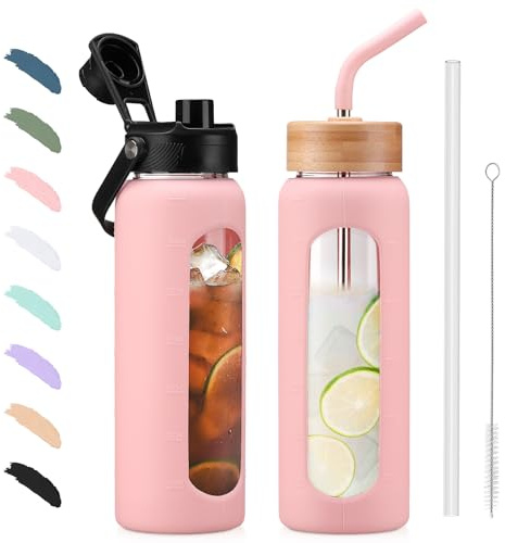 BLUEGO 700ml Glass Water Bottle with Straw and 2 Lids Glass Coffee Cup with Time Marker and Silicone Protector Glass Tumbler for Beverages Soda Cola BPA Free, Pink