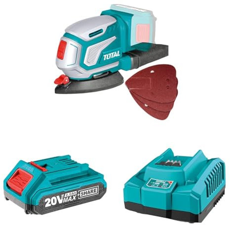 TOTAL - Multilijadora Delta a Bateria 20 V, 13000 RPM, Recogida de Polvo, Fijacion por Velcro, rapido y comodo, Pack Bateria + Cargador