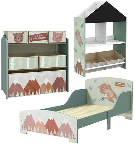 ZONEKIZ Conjunto para Niños Incluye 1 Cama Infantil 1 Estantería para Juguetes con Pizarra Pintable y 1 Organizador de Juguetes con 6 Cajas de Tela Extraíbles Verde