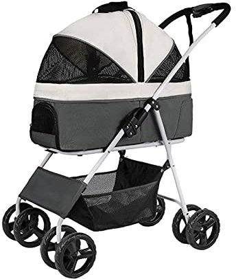 Hundebuggys, Premium-Haustierbuggy für mittelgroße Hunde, zusammenklappbarer 4-Rad-Katzenbuggy für 2 Katzen, Hundekinderwagen, Buggys für kleine Hunde, atmungsaktiver Hund (dunkelgrau) (hellgrau)