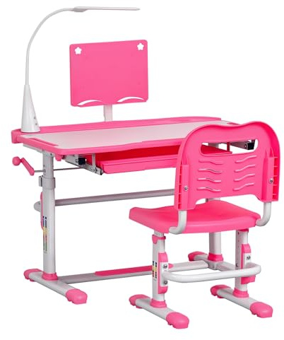 HOMCOM Scrivania per Bambini con Sedia Regolabile in Altezza, Set Banco Scuola con Cassetto, Luce e Piano Inclinabile a 45°, Età 6-12 Anni, Rosa