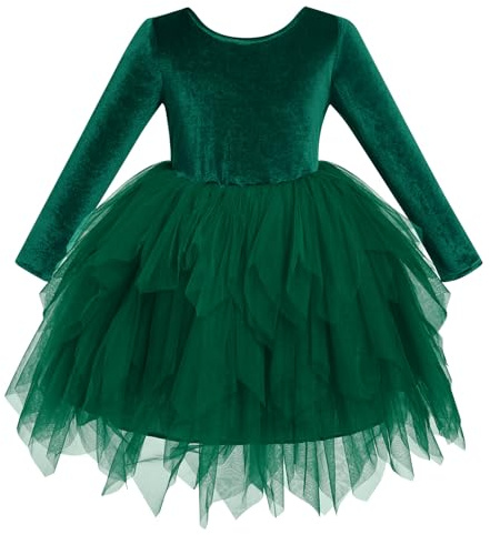 Vestido de terciopelo para niñas y niñas, de manga larga, para otoño e invierno, vestido de tul irregular, lazo en la espalda, dobladillo asimétrico de malla, cuello redondo, vestido casual, verde,