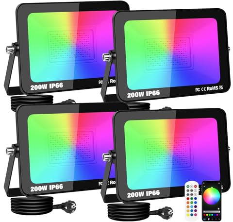 RIGIDON 4 x Foco LED Exterior RGBW, 200W 20000LM foco inteligente LED con APP control, Proyector LED Cambio de Color Impermeable IP66 Luz de Inundación RGB con Enchufe para Fiesta, Terraza, Jardin
