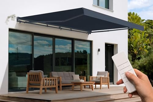 CAZEBOO Toldo Motorizado FAZZIO 495 x 300 cm 5 x 3 m 15 m² Gris Antracita Aluminio Semicofre Protección UV50+ Terraza Jardín Eléctrico Confort Automático Sensor de Viento Lona 320 g/m²