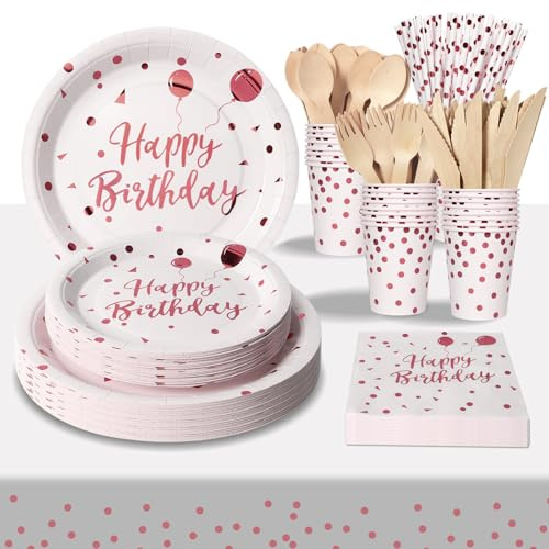 PYAILI Vaisselle Anniversaire Or Rose Blanc, 24 invités Vaisselle de fête Assiette en Papier Gobelet en Papier Pour les Fêtes, Mariages, Fêtes de Remise des Diplômes, Assiettes de Fête