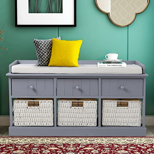 Warmiehomy Storage Bench with 3 Drawers & 3 Wicker Baskets, Shoe Cabinet, Hallway Storage Unit, End of Bed Bench, Shoe Bench with Cushion for Hallway Bedroom Living Room, Fully Assembled, Blue-Grey