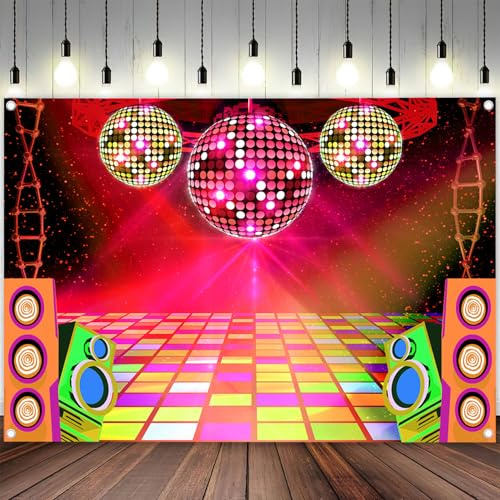 Dance Party Backdrop Retro 80s 90s Theme Stage Dance Ball Music Birthday Party Decoration DJ Photography Background 7X5 ft for Baby Shower Picture Photo Shoot Polyester Fabric, Red