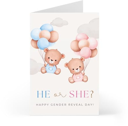 Prezzeluna Gender Reveal Day Card –5x7 Folded Boy or Girl Gender Announcement Greeting Card