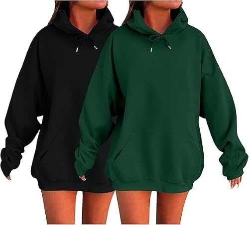 HUIFUAO 2-pack huvtröjor för kvinnor Storbritannien överdimensionerade tonårstjejer sweatshirts trendig höst pullover enfärgad långärmad toppar med fickor, Svart + grön, L