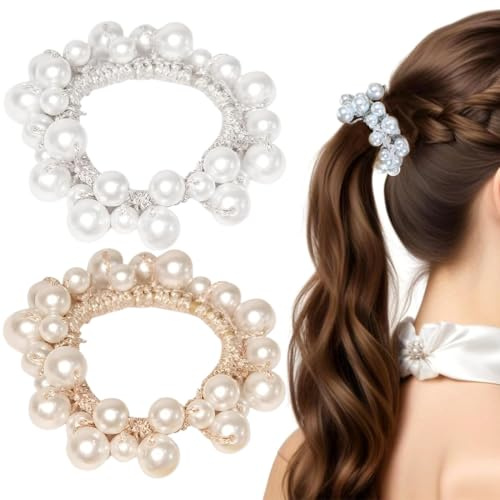 2 Pieza Cabello Scrunchies Elástico Bandas de Perla Banda Pelo Elastica Lazos Accesorios para el Cabello, Coleteros Elásticos con Cuentas para el Cabello, Accesorios para el Cabello para Mujer