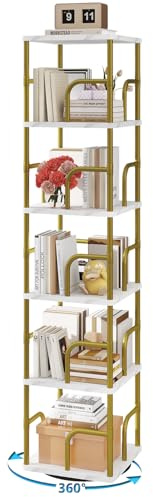 IBUYKE Librerias Girevole a 5 Ripiani,Libreria Verticale,Girevole a 360° con Display,Libreria da Pavimento,Scaffale in Piedi Multifunzionale per Camera da Letto, Soggiorno,Bianco,TBC005GW