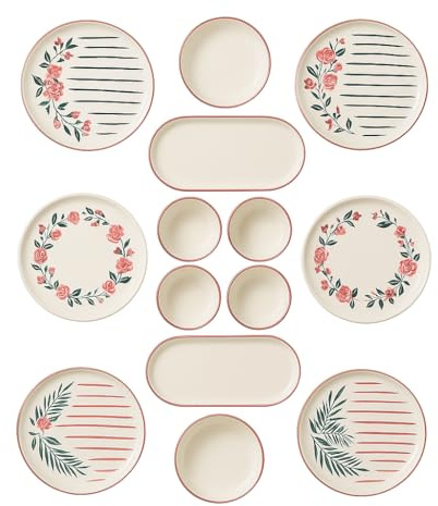 Kitchen Life Sakura Stackable Service de petit-déjeuner 14 pièces pour 6 personnes en céramique Kütahya peinte à la main Passe au lave-vaisselle et empilable