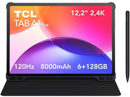 TCL Tab A1 Plus con Funda y bolígrafo, Pantalla inmersiva de 12,2” 2.4K a 120 Hz, diseño unibody metálico Ultrafino, Google Gemini, Conjunto de Herramientas de IA e Interfaz intuitiva