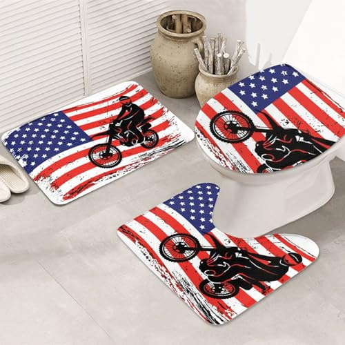 Juego De 3 Alfombrillas De Baño Moto De Motocross Bandera De EE. UU. Juego De Alfombrillas De Baño Antideslizantes Absorbentes Alfombras De Cama, para Bathroom, Cocina, Dormitorio