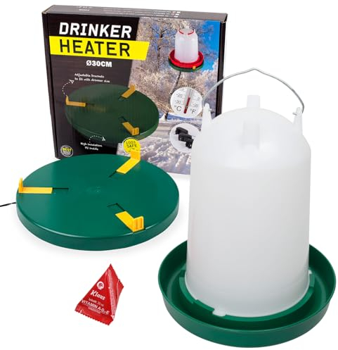 Agrarflora Komplettset: Tränkenwärmer Ø30cm + Geflügeltränke 12 Liter + Vitamine 20ml - Heizplatte, Wärmeplatte zur Geflügelhaltung - frostsichere Hühnertränke - winterfeste Kükentränke