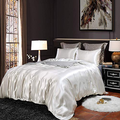 Loussiesd Hotel White Comforter Cover Single Silk Like Satin Bedding Set Summer Reversible Quilt Duvet Cover Honeymoon Sexy Luxury Soft Lightweight Brushed Bedspreads for Farmhouse Room Decor