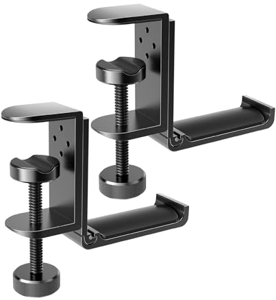 2 Pack Foldable Headphone Stand Hanger Holder, Aluminum Under Desk Clamp Hook Mount, Space-Saving Soundbar Stand with Universal Fit for Gaming PC Accessories