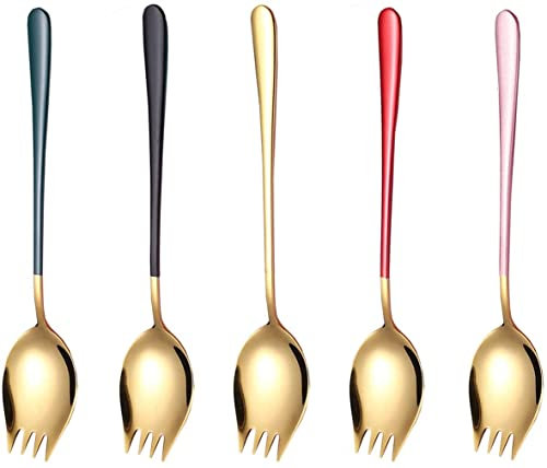 5-Piece Set of Golden Stainless Steel Forks, Fine Cutlery Salad Forks and Ice Cream Scoops, Suitable for Cheese, Fruit and Noodles, and Dishwasher Safe