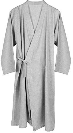 SIQITECH Pyjama Kimono Homme Chemise de Nuit Col en V Peignoir de Style Japonais Pyjama à Manches Absorbant l'Eau Longues Robe de Nuit avec Poche Peignoir Coton pour Sauna Hammam Méditation