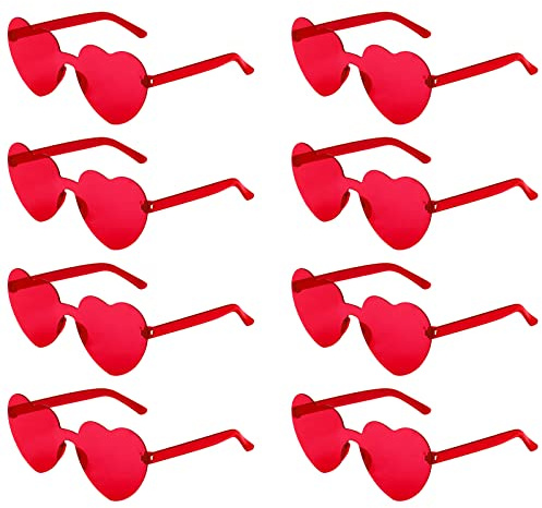KINBOM 8pcs Lunettes de Soleil en Forme de Coeur, Élégantes Transparentes Lunettes de Soleil Coeur Sans Monture pour Adulte Femmes Filles à la Fête d'Été Fête d'Anniversaire (Rouge)