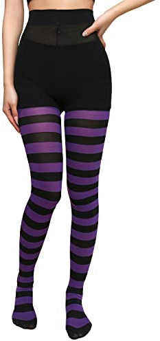 XNHIU Women Halloween Christmas Striped Tights Full Footed Striped Socks Full Length High Waist Leggings Tights Stocking (Purple and Black)