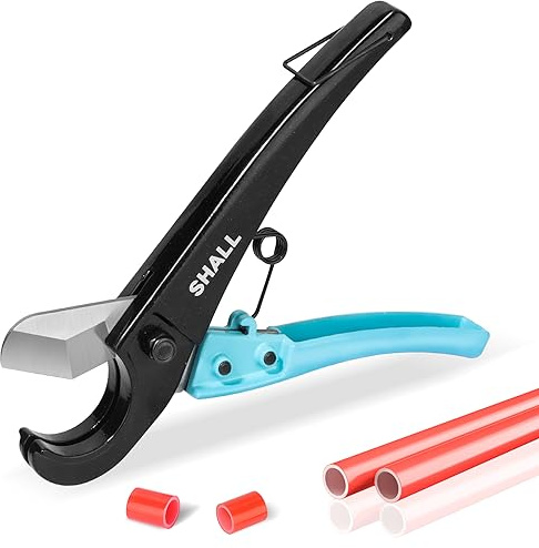 SHALL PEX Pipe Cutter, Cuts up to 1-3/8’’, Fast Tubing Cutter for PEX, Plastic Hoses, PVC, CPVC, PP-R, PE (Thin), etc., Aluminum Alloy Pipe Cutting Tool with Stainless Steel Blade for Clean Cut