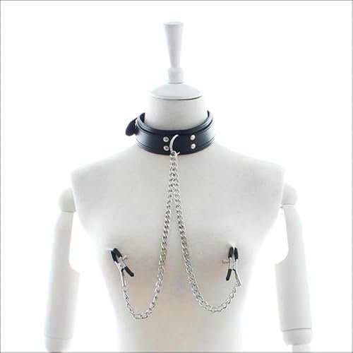 Collier en cuir avec pince à seins pour mamelons | Pinces à tétons en métal réglables | Divertissement pour femmes | Pinces mamelon non perçants | Anneaux de mamelon, accessoires soumise (Noir)