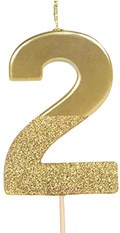 PARTYLOSOPHY Lot de 2 bougies d'anniversaire avec chiffres 10, 20, 30, 40, 50, 60, 70, 80, 90, 100 de couleur or métallisé avec paillettes. Bougie d'anniversaire dorée, anniversaire, anniversaire et