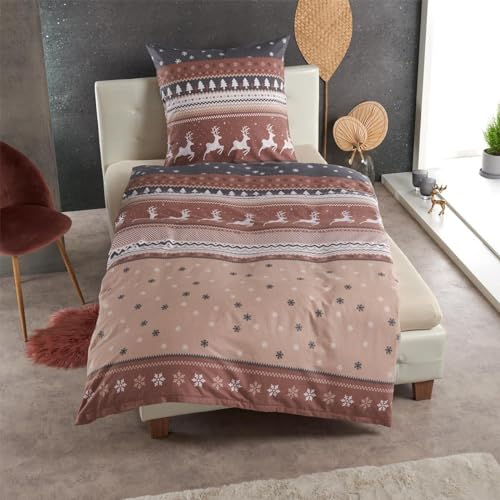 Traumschlaf Basic Biber Bettwäsche Winterland beige 1 Bettbezug 155 x 220 cm + 1 Kissenbezug 80 x 80 cm