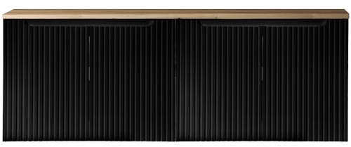 Lomadox Meuble de salle de bain double lavabo 160 cm, en noir avec chêne, avant rainuré, sans poignée