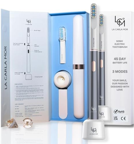 La Carla Mor Sonic Electric Toothbrush - Rechargeable Toothbrush with 45-Day Battery, Smart Timer & 3 Brushing Modes - Ideal for Sensitive Teeth - High-Efficiency Electric Cleaning Brush (Gray)