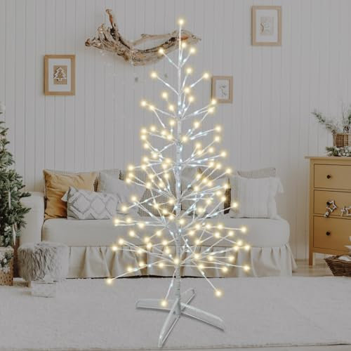 Arbre Lumineux de Noël à LED 120 cm, Arbre de Noel Lumineux avec 216 LED Blanc Chaud, Base en Métal, Décoration d'Intérieur et Extérieur pour Salon, Cour
