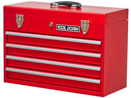 TOOL DORM Werkzeugkoffer mit 4 Schubladen, Werkzeugkiste Leer mit Tragegriff & Schnappverschlüssen, Werkzeugkasten Abschließbar, 51.6 x 22.4 x 35.6 cm, Rot